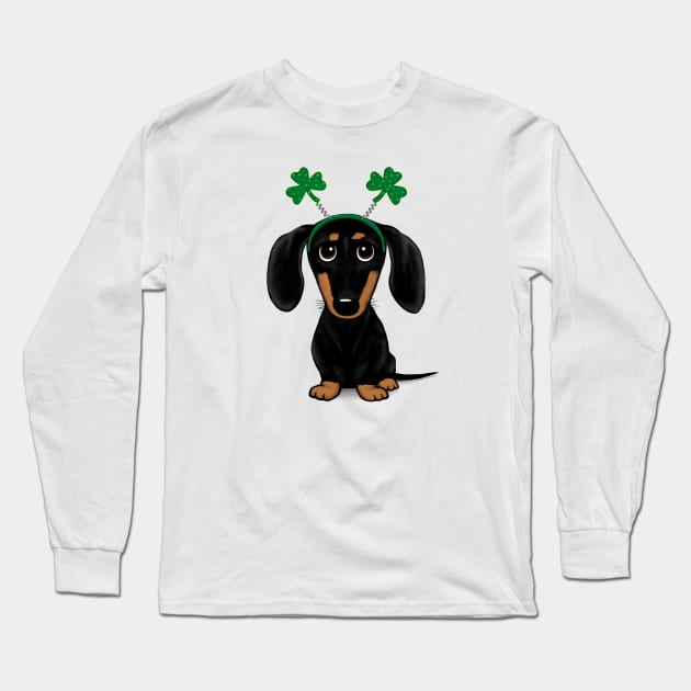 Funny Saint Patrick's Day Dog | Black and Tan Dachshund with Shamrocks Long Sleeve T-Shirt by Coffee Squirrel